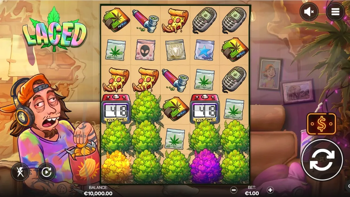 Laced slot game screen showing the hazy bachelor pad theme and symbols, with floating pink elephants.