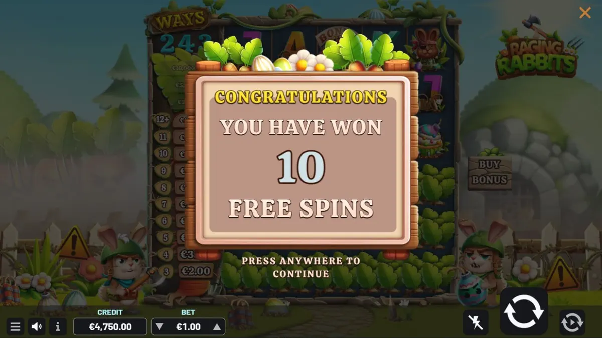 Raging Rabbits slot game interface na may mga cartoon na kuneho at battlefield theme.