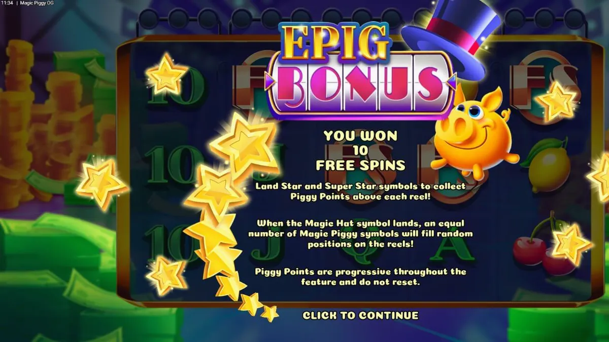 Magic Piggy OG slot game screen na may makukulay na piggy banks at neon studio theme.