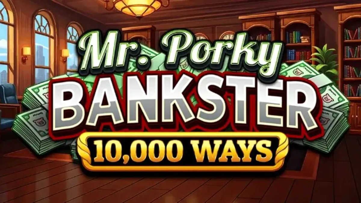 Mr. Porky Bankster 10,000 Ways slot game screen na nagpapakita ng mga gintong simbolo at piggy bank character.